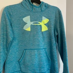 Under armor hoodie in beautiful blue green color combination. This is youth XL